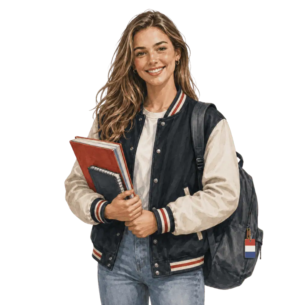 Student with books, a backpack and a Dutch flag tag representing study permits for Dutch students in Canada