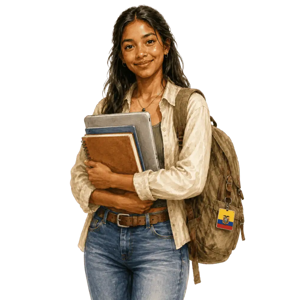 Student with books, a backpack and an Ecuadorian flag tag representing study permits for Ecuadorian students in Canada