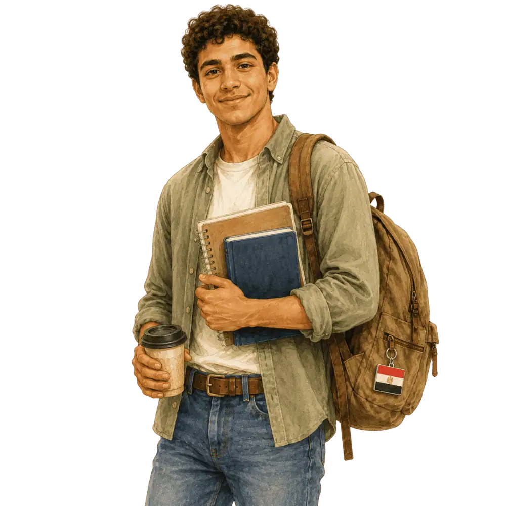 Student with books, a backpack and an Egyptian flag tag representing study permits for Egyptian students in Canada