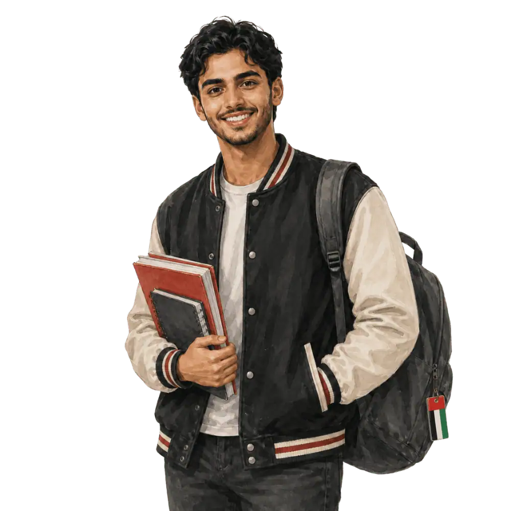 Student with books, a backpack and an Emirati flag tag representing study permits for Emirati students in Canada
