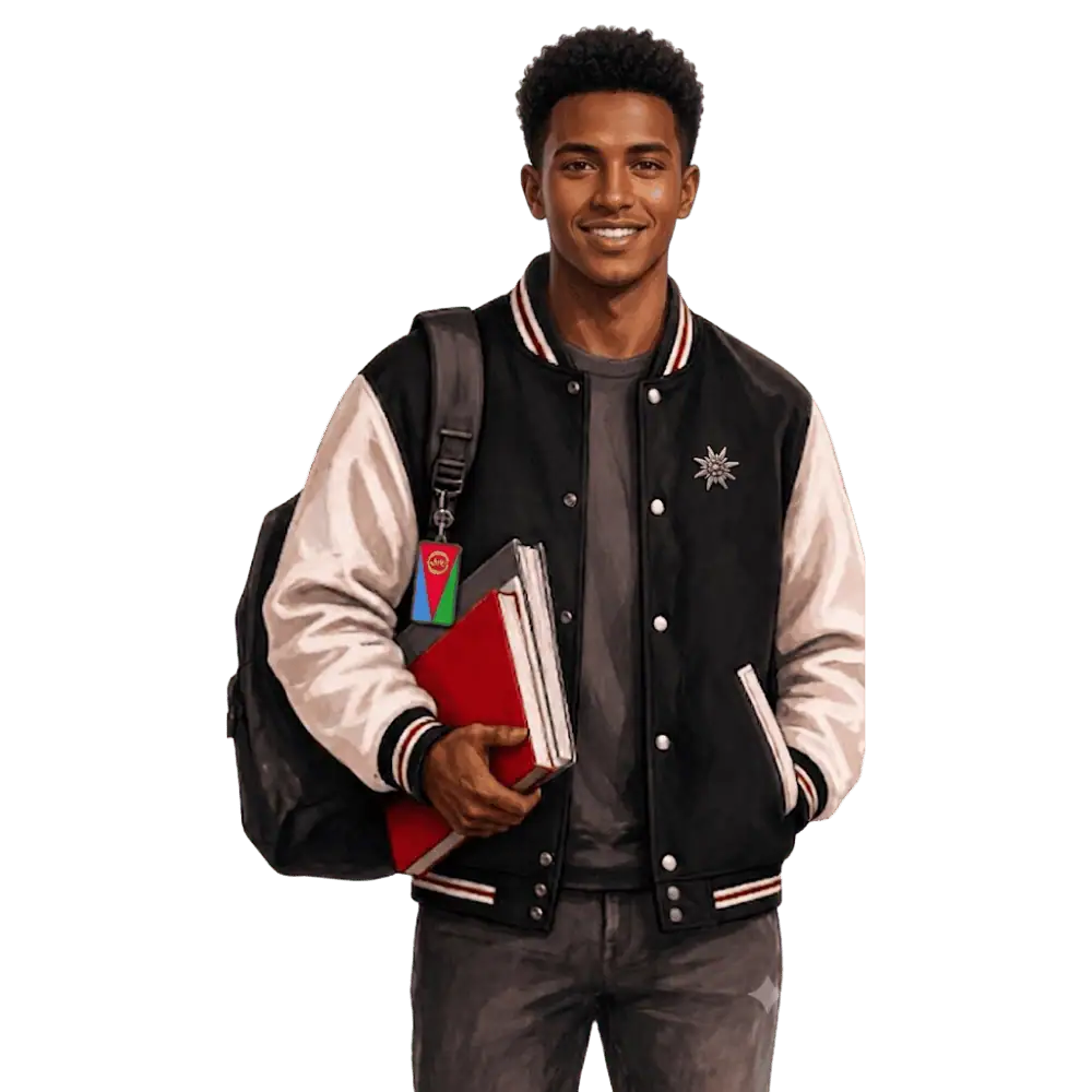 Student with books, a backpack and an Eritrean flag tag representing study permits for Eritrean students in Canada