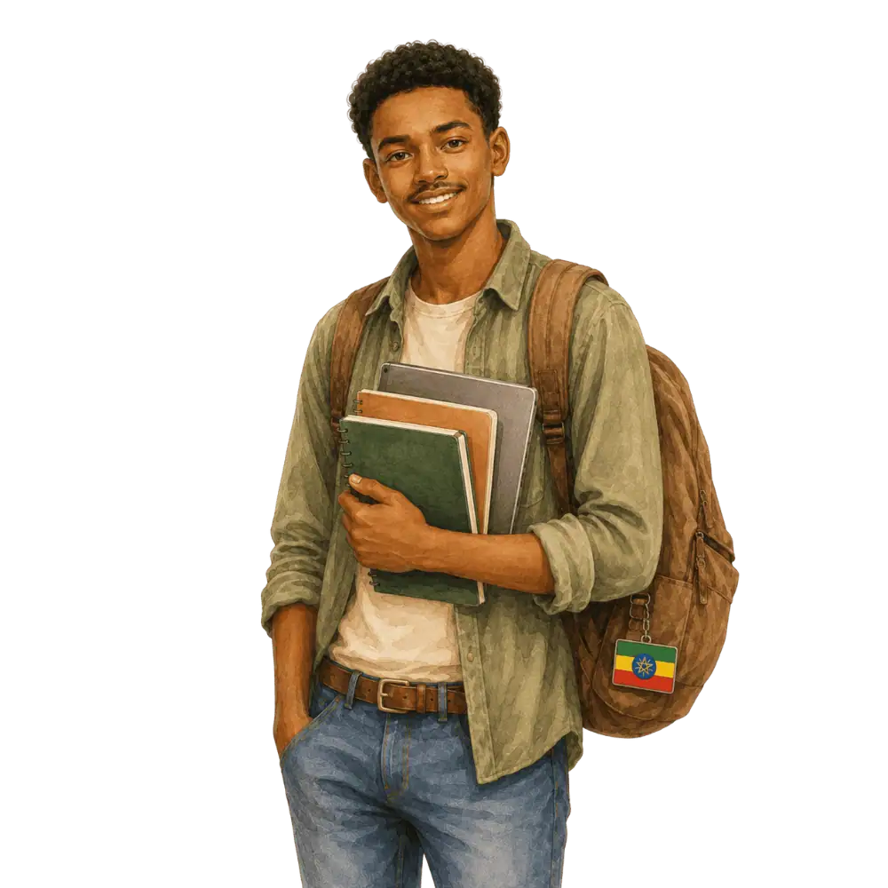 Student with books, a backpack and an Ethiopian flag tag representing study permits for Ethiopian students in Canada