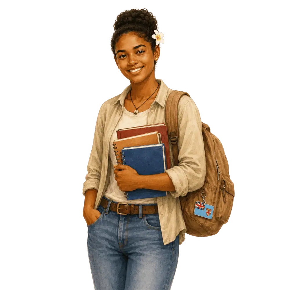 Student with books, a backpack and a Fijian flag tag representing study permits for Fijian students in Canada