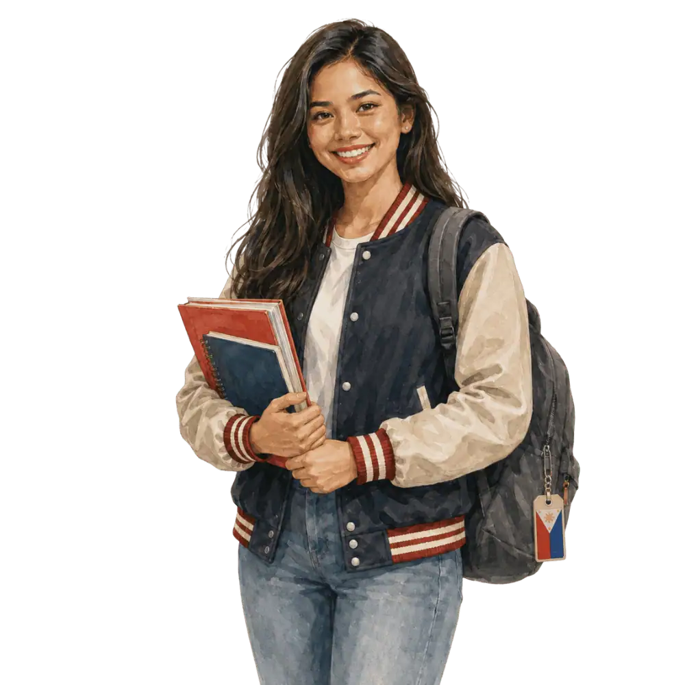 Student with books, a backpack and a Philippine flag tag representing study permits for Filipino students in Canada