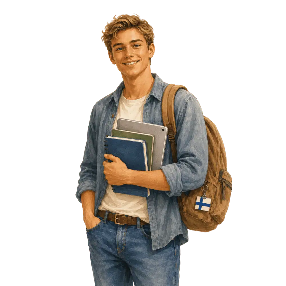 Student with books, a backpack and a Finnish flag tag representing study permits for Finnish students in Canada