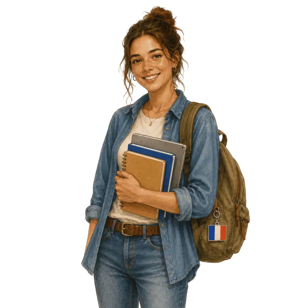 Student with books, a backpack and a French flag tag representing study permits for French students in Canada