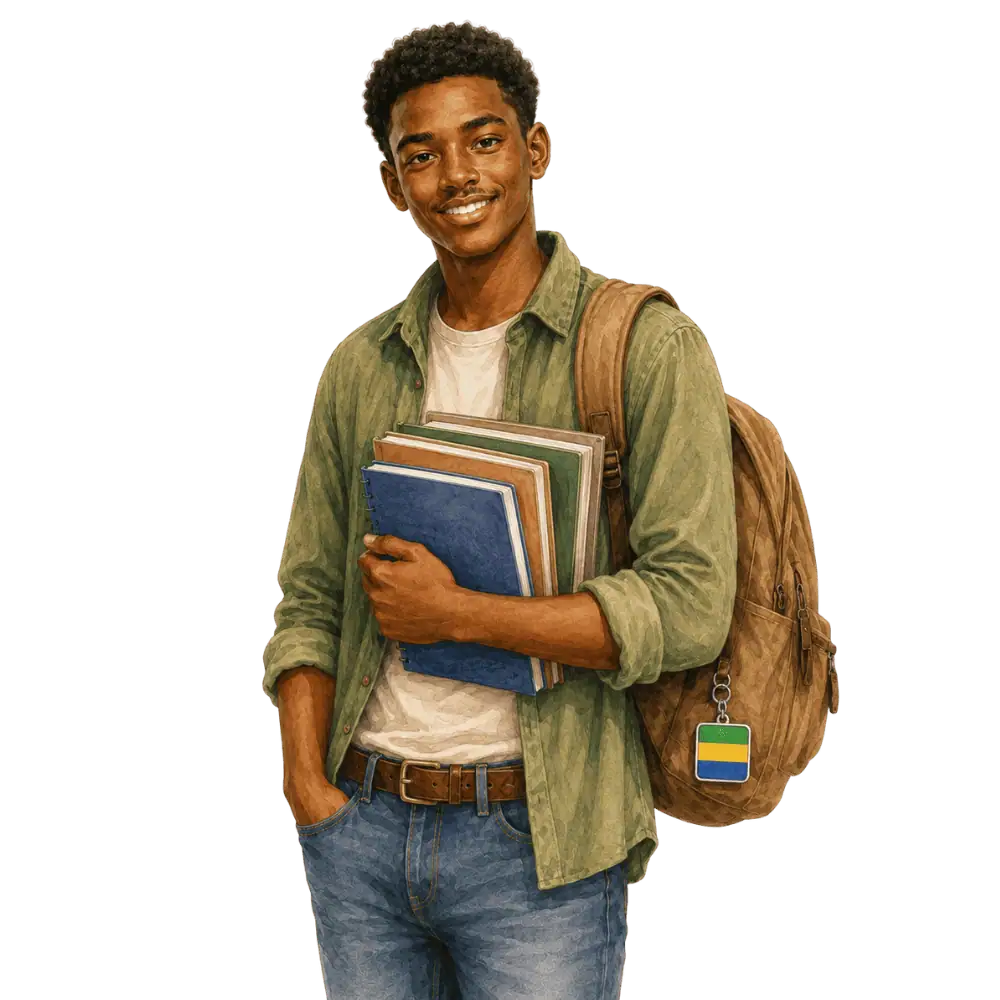 Student with books, a backpack and a Gabonese flag tag representing study permits for Gabonese students in Canada