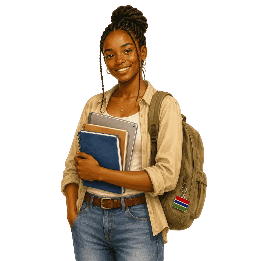 Student with books, a backpack and a Gambian flag tag representing study permits for Gambian students in Canada