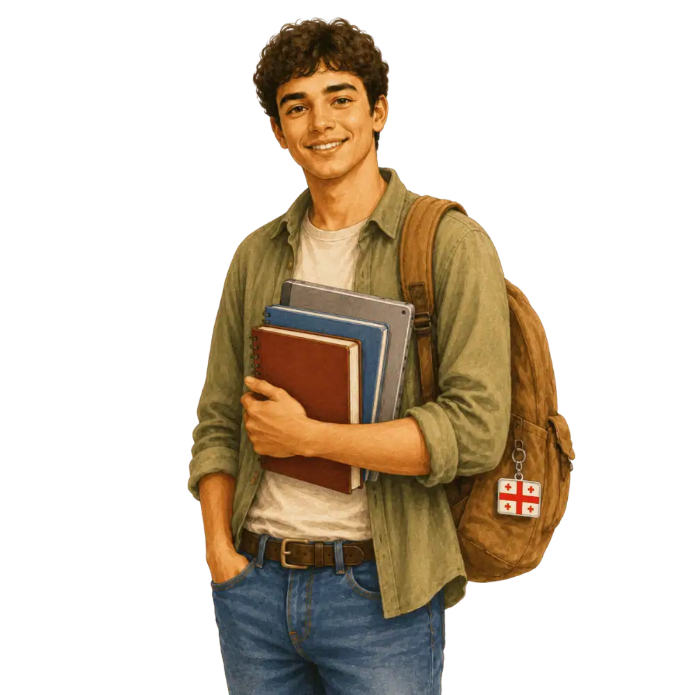 Student with books, a backpack and a Georgian flag tag representing study permits for Georgian students in Canada