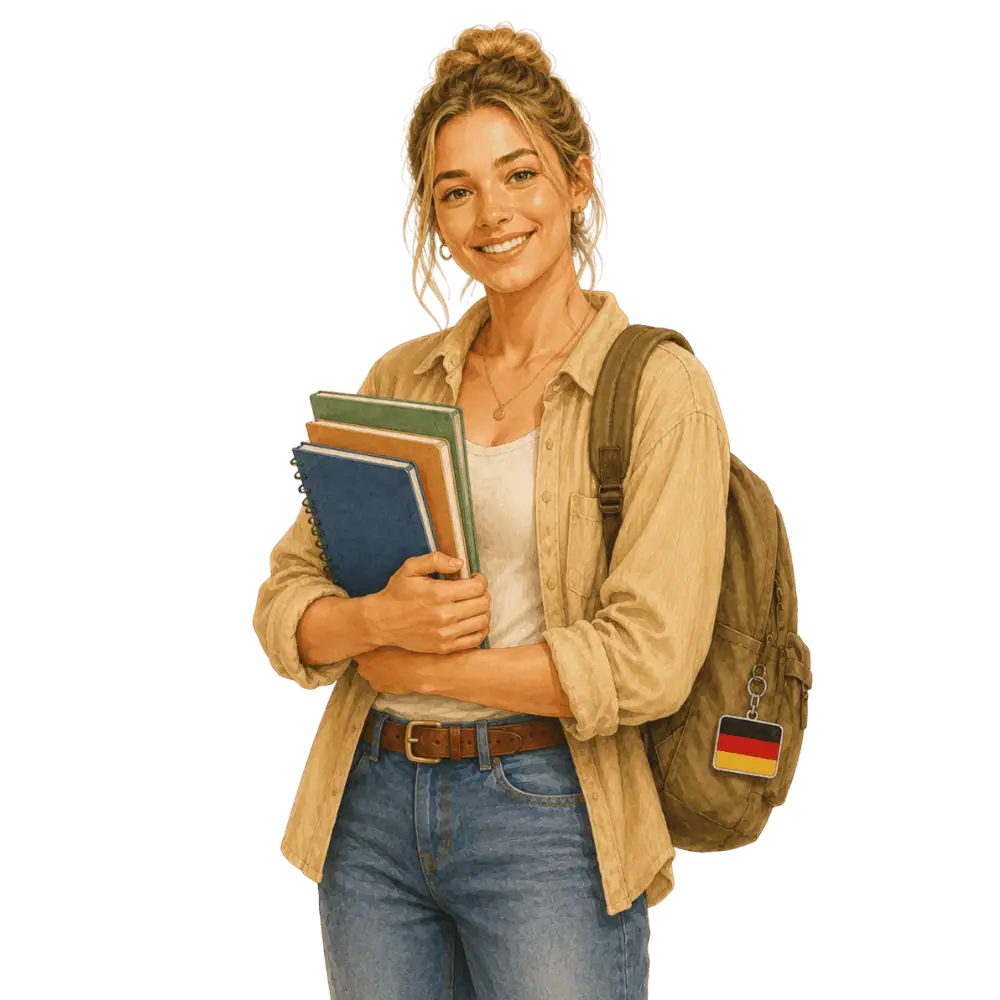 Student with books, a backpack and a German flag tag representing study permits for German students in Canada
