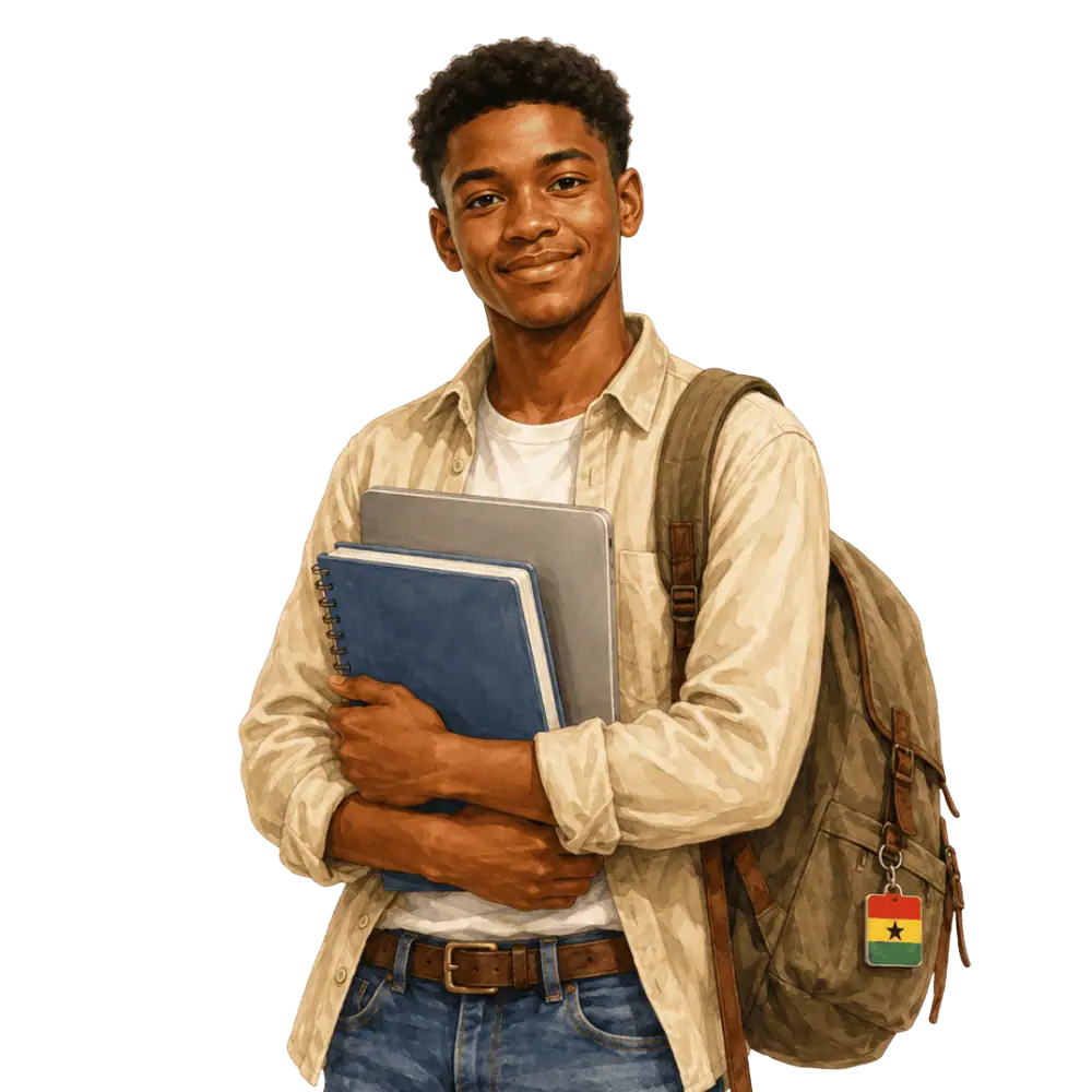 Student with books, a backpack and a Ghanaian flag tag representing study permits for Ghanaian students in Canada