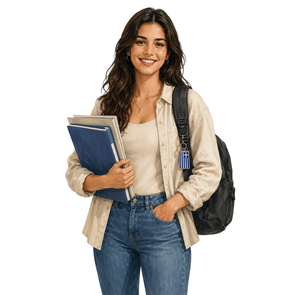 Student with books, a backpack and a Greek flag tag representing study permits for Greek students in Canada