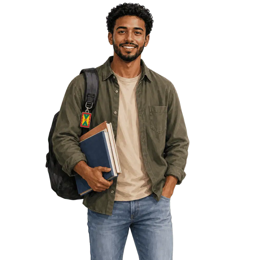 Student with books, a backpack and a Grenadian flag tag representing study permits for Grenadian students in Canada