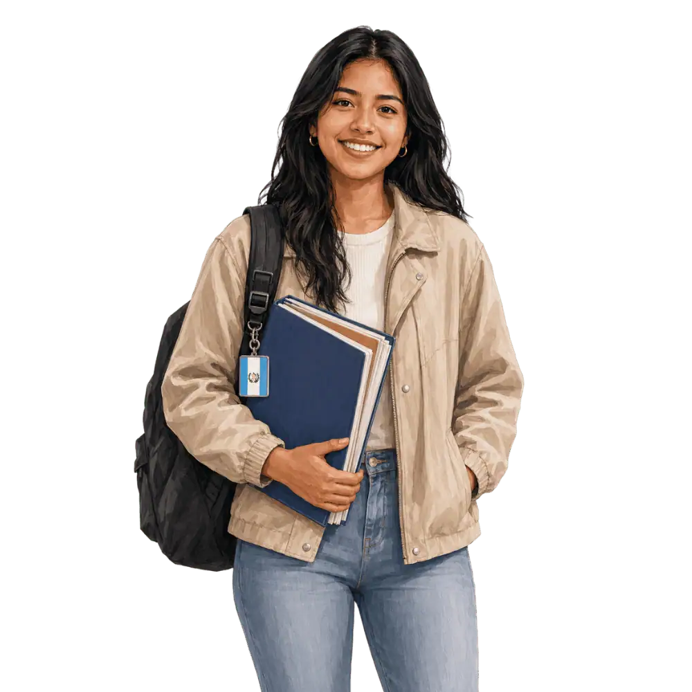 Student with books, a backpack and a Guatemalan flag tag representing study permits for Guatemalan students in Canada