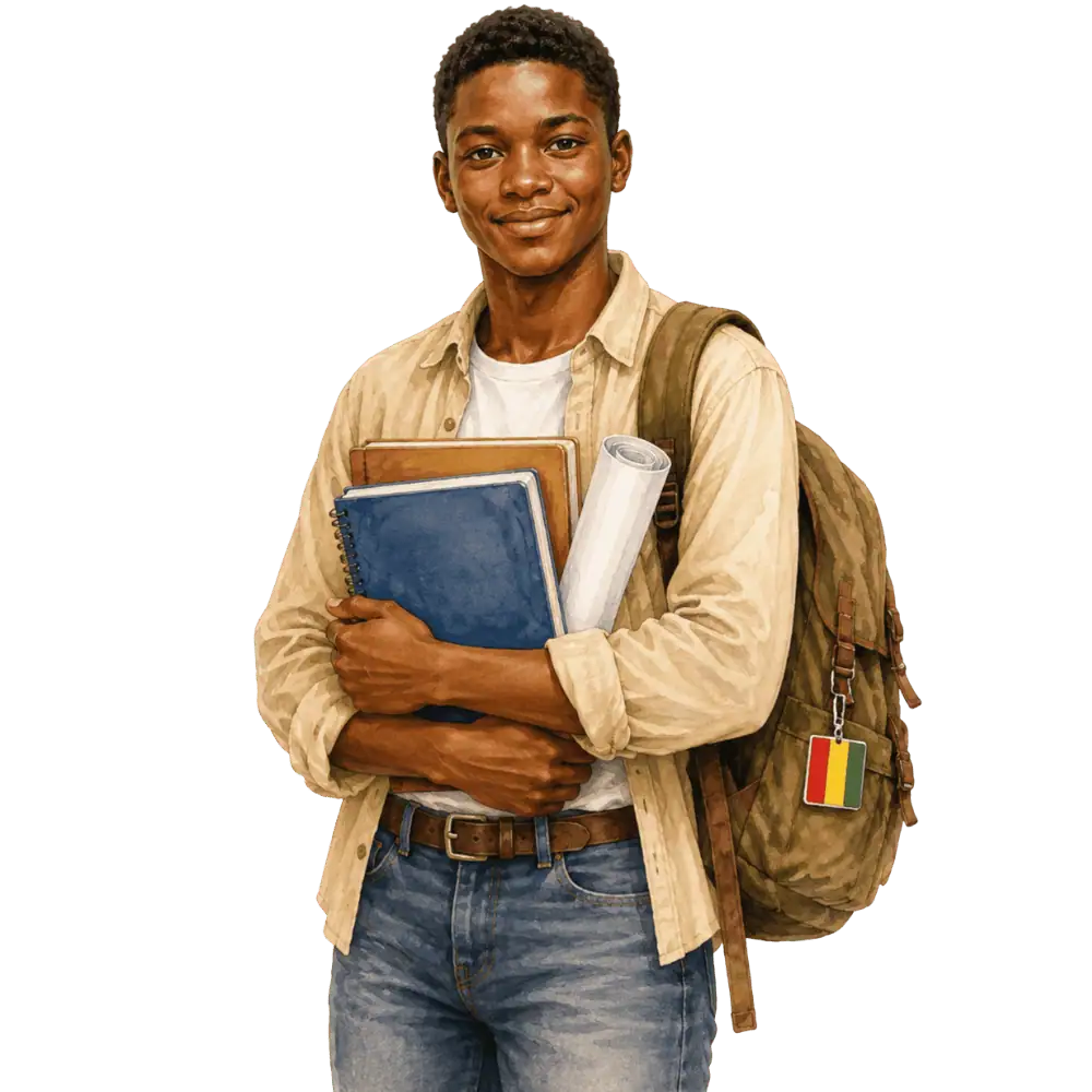 Student with books, a backpack and a Guinean flag tag representing study permits for Guinean students in Canada