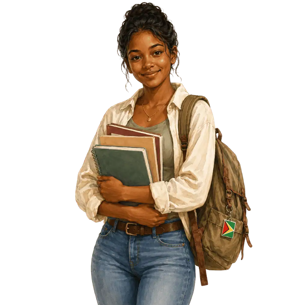 Student with books, a backpack and a Guyanese flag tag representing study permits for Guyanese students in Canada