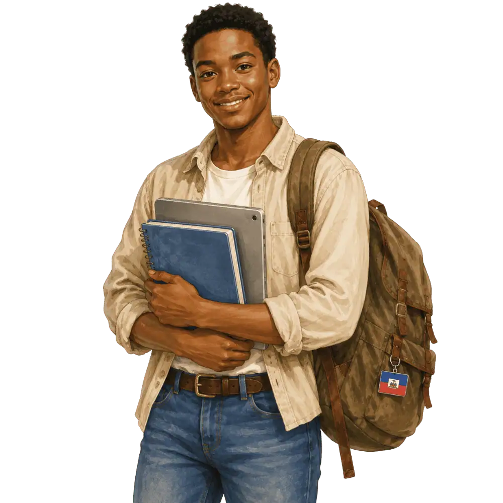Student with books, a backpack and a Haitian flag tag representing study permits for Haitian students in Canada