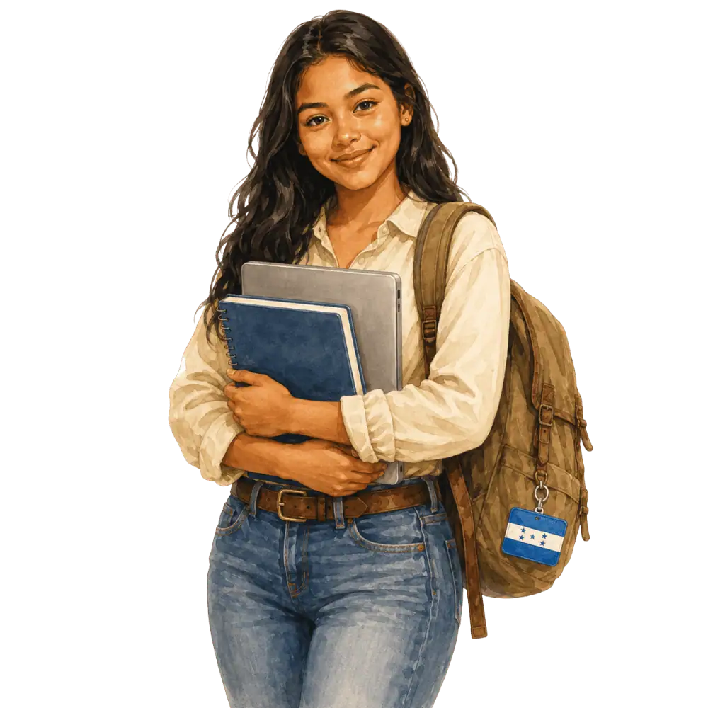 Student with books, a backpack and a Honduran flag tag representing study permits for Honduran students in Canada