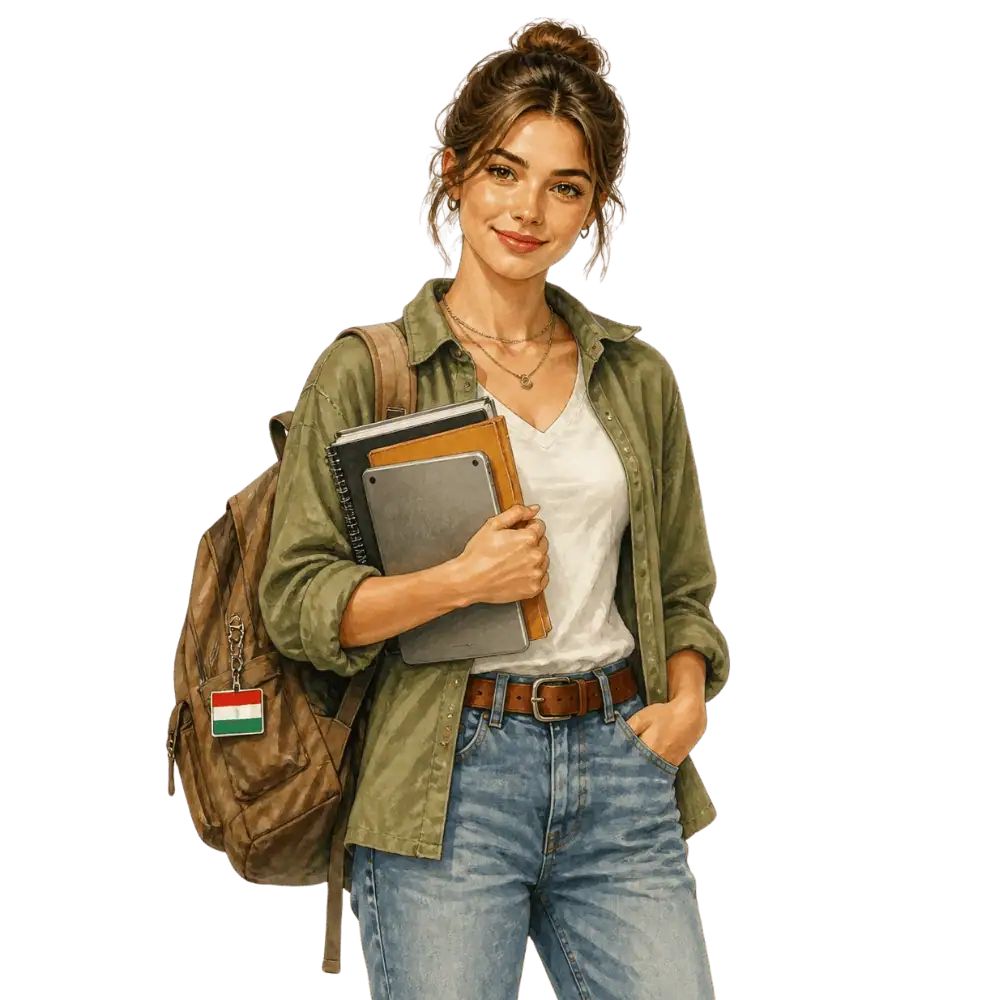 Student with books, a backpack and a Hungarian flag tag representing study permits for Hungarian students in Canada
