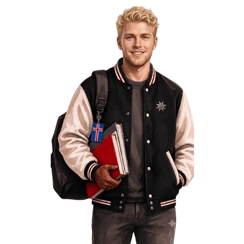 Student with books, a backpack and an Icelandic flag tag representing study permits for Icelandic students in Canada