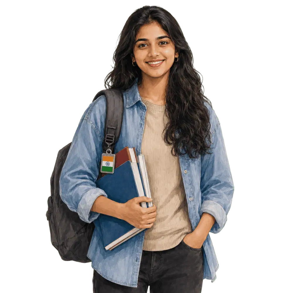 Student with books, a backpack and an Indian flag tag representing study permits for Indian students in Canada