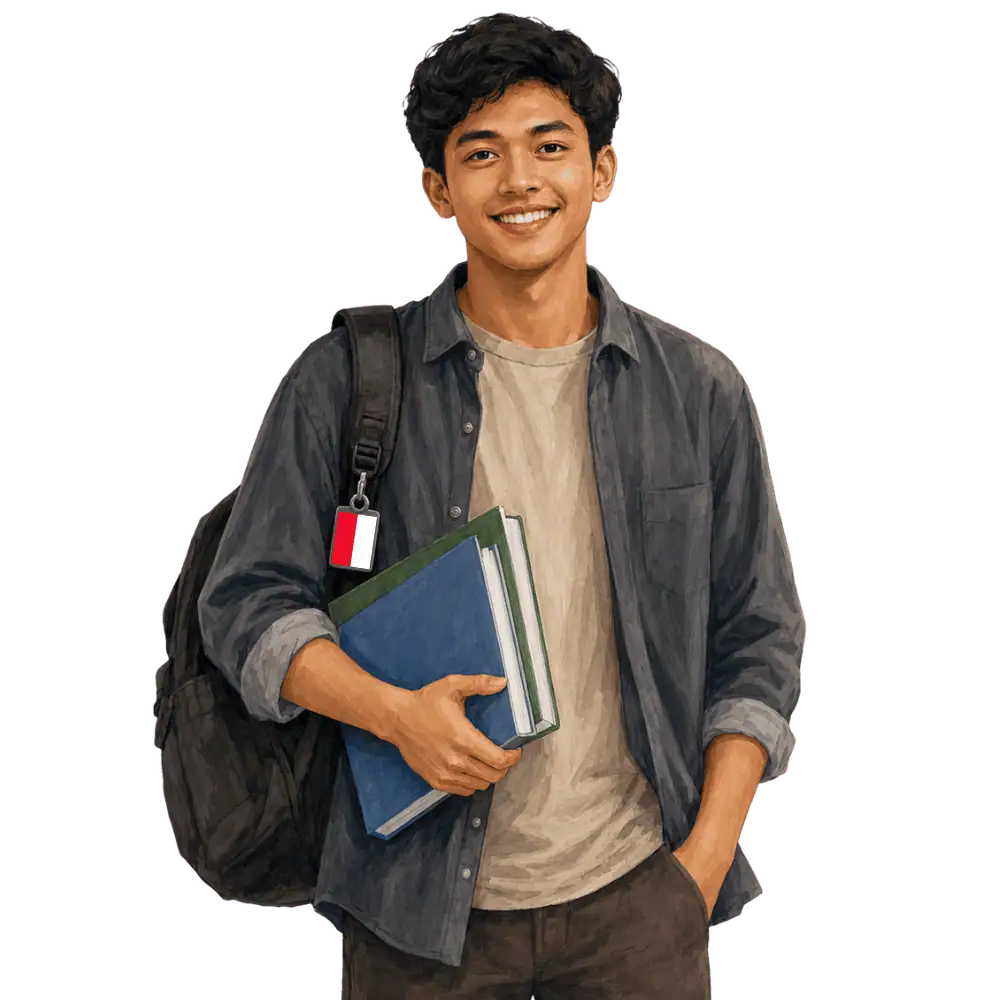 Student with books, a backpack and an Indonesian flag tag representing study permits for Indonesian students in Canada