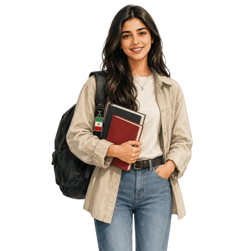 Student with books, a backpack and an Iranian flag tag representing study permits for Iranian students in Canada