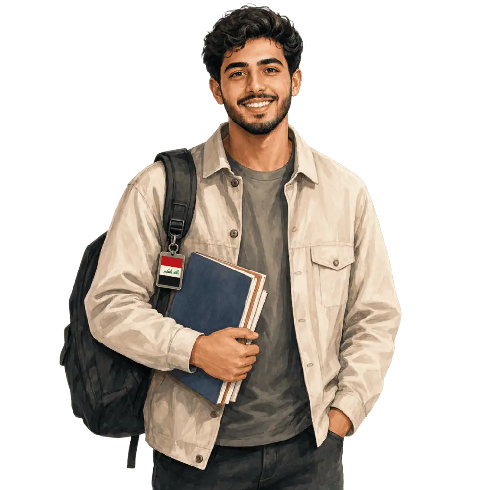 Student with books, a backpack and an Iraqi flag tag representing study permits for Iraqi students in Canada