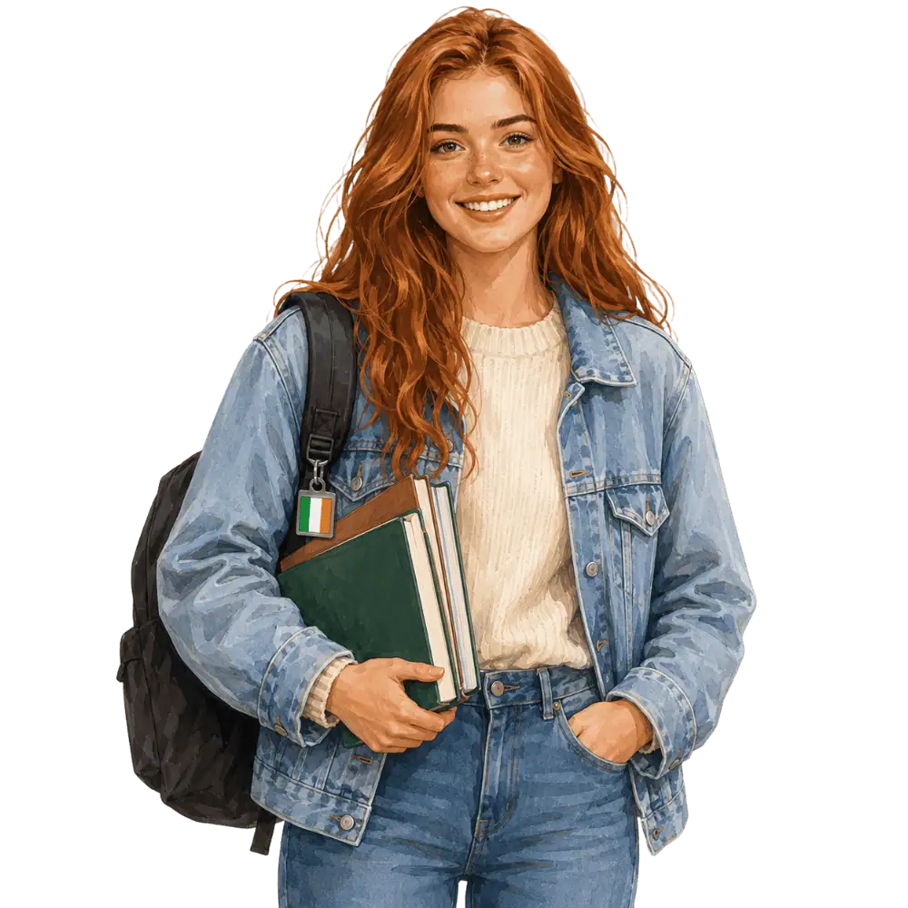 Student with books, a backpack and an Irish flag tag representing study permits for Irish students in Canada