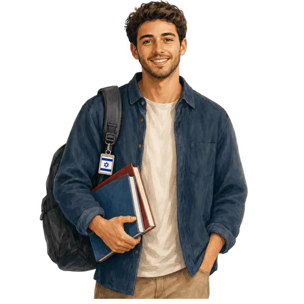 Student with books, a backpack and an Israeli flag tag representing study permits for Israeli students in Canada