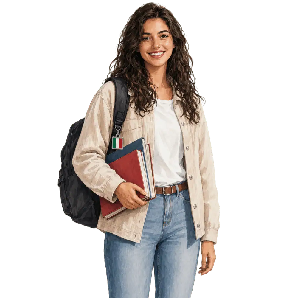 Student with books, a backpack and an Italian flag tag representing study permits for Italian students in Canada
