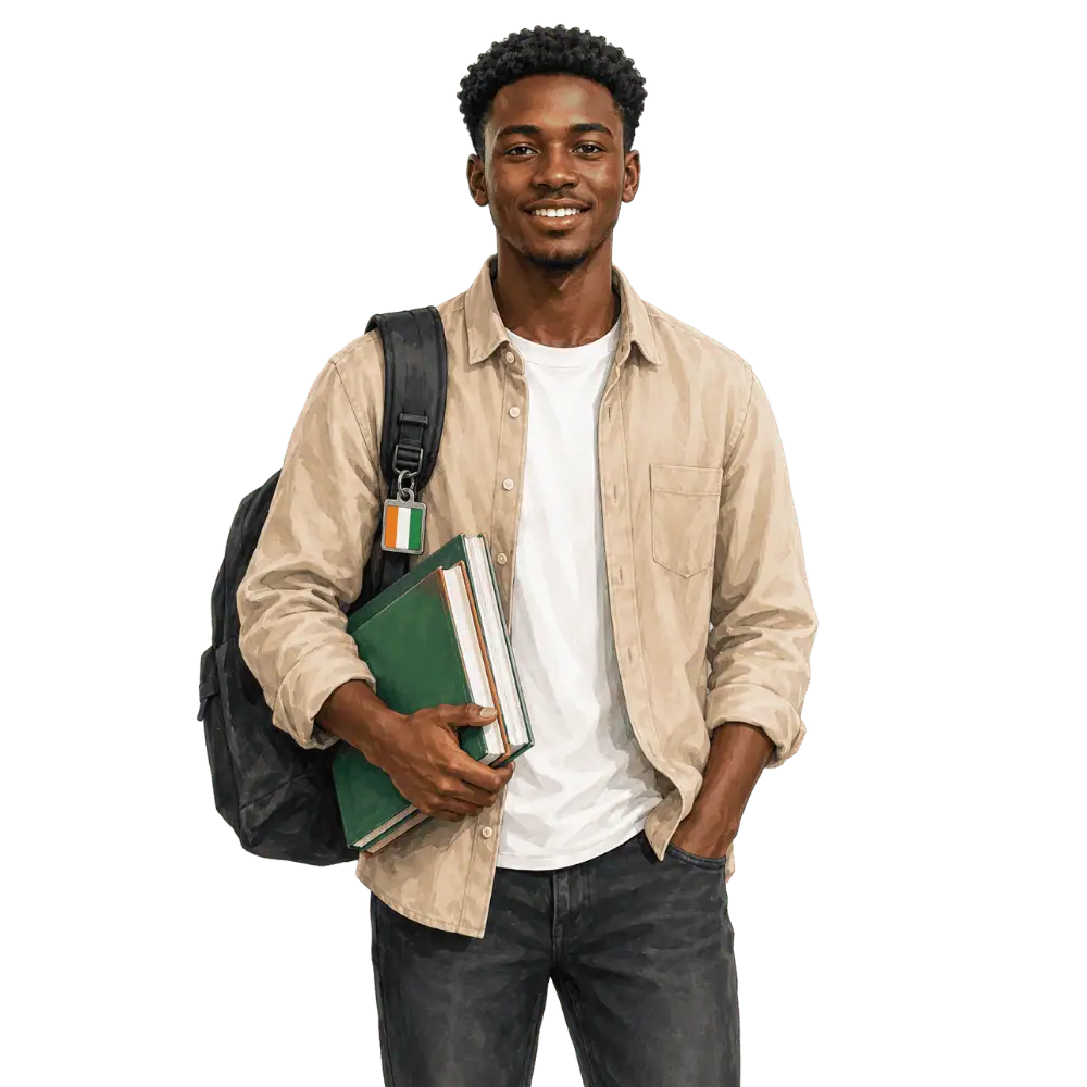 Student with books, a backpack and an Ivorian flag tag representing study permits for Ivorian students in Canada