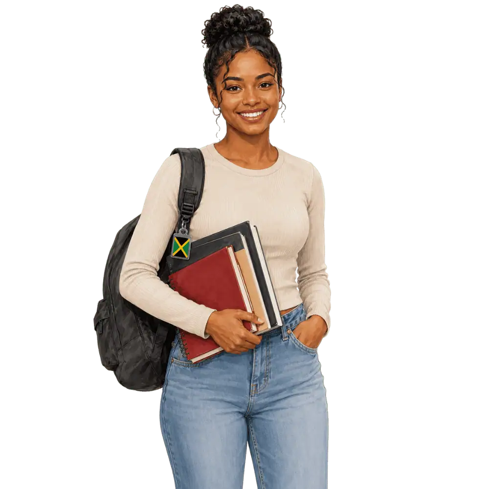 Student with books, a backpack and a Jamaican flag tag representing study permits for Jamaican students in Canada