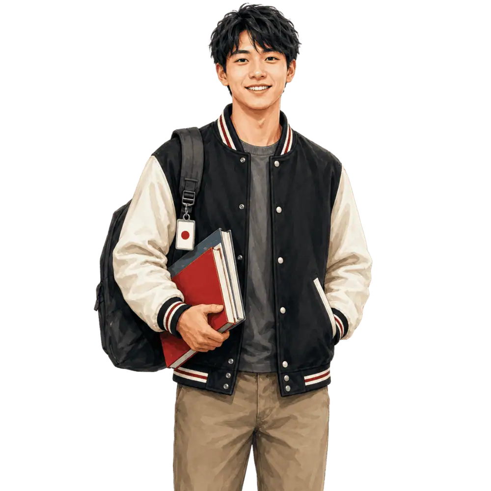 Student with books, a backpack and a Japanese flag tag representing study permits for Japanese students in Canada