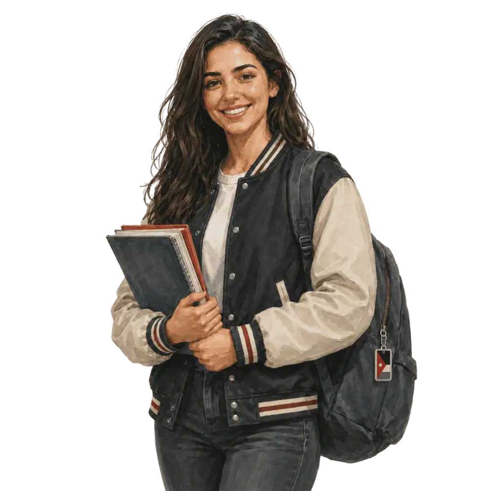 Student with books, a backpack and a Jordanian flag tag representing study permits for Jordanian students in Canada