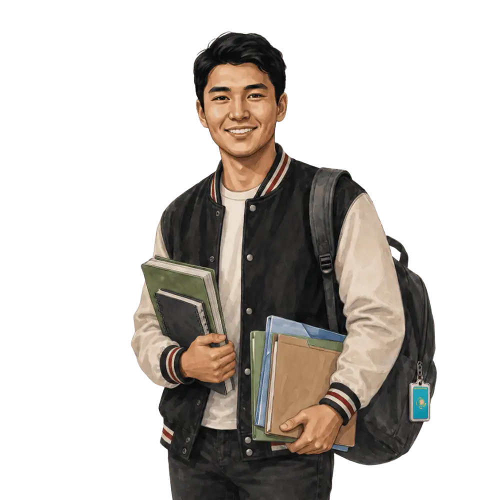 Student with books, a backpack and a Kazakh flag tag representing study permits for Kazakh students in Canada