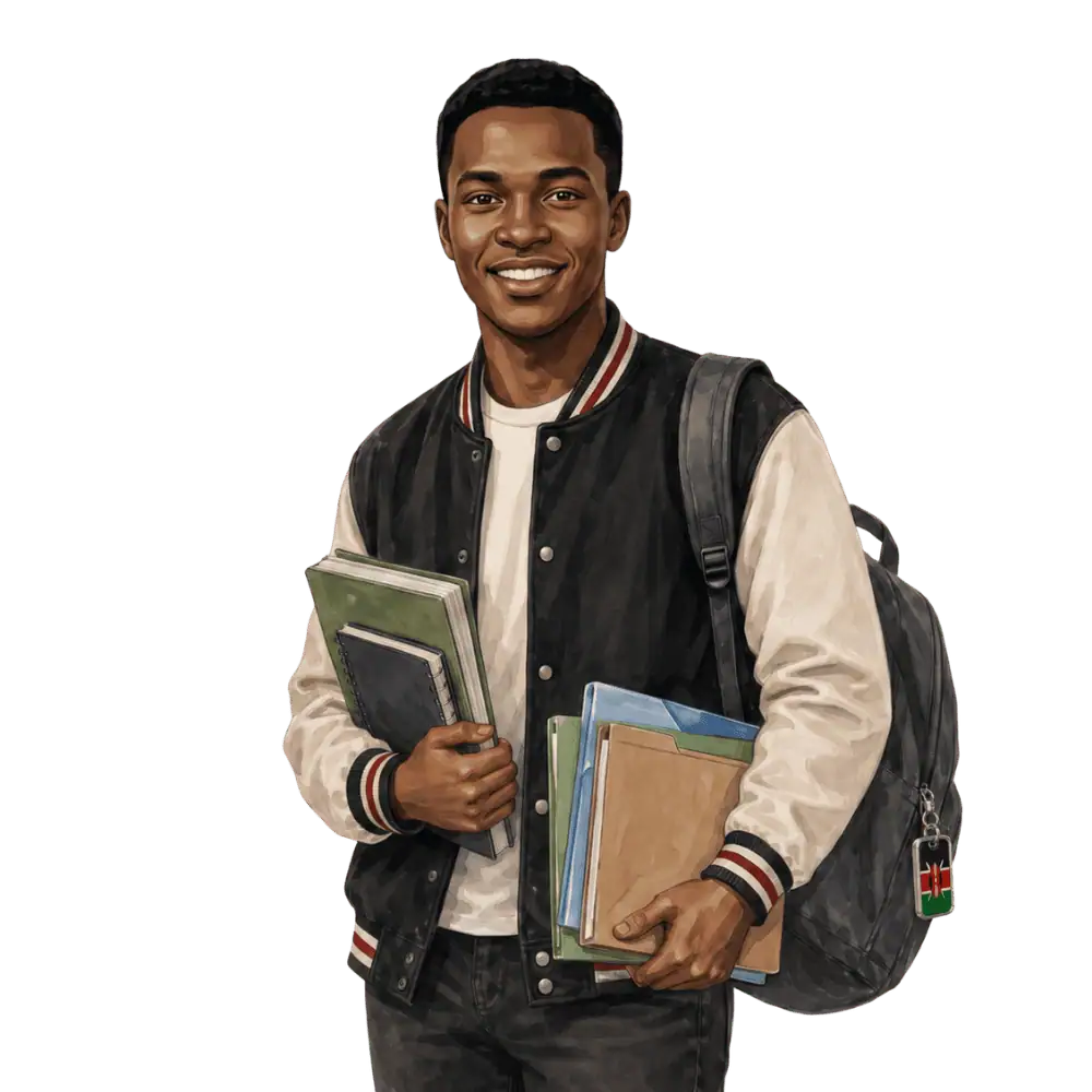 Student with books, a backpack and a Kenyan flag tag representing study permits for Kenyan students in Canada