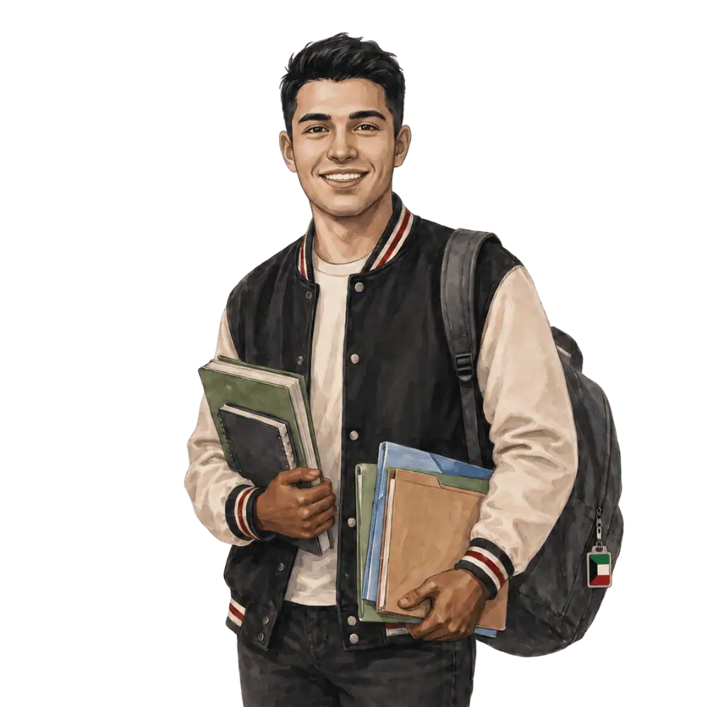 Student with books, a backpack and a Kuwaiti flag tag representing study permits for Kuwaiti students in Canada