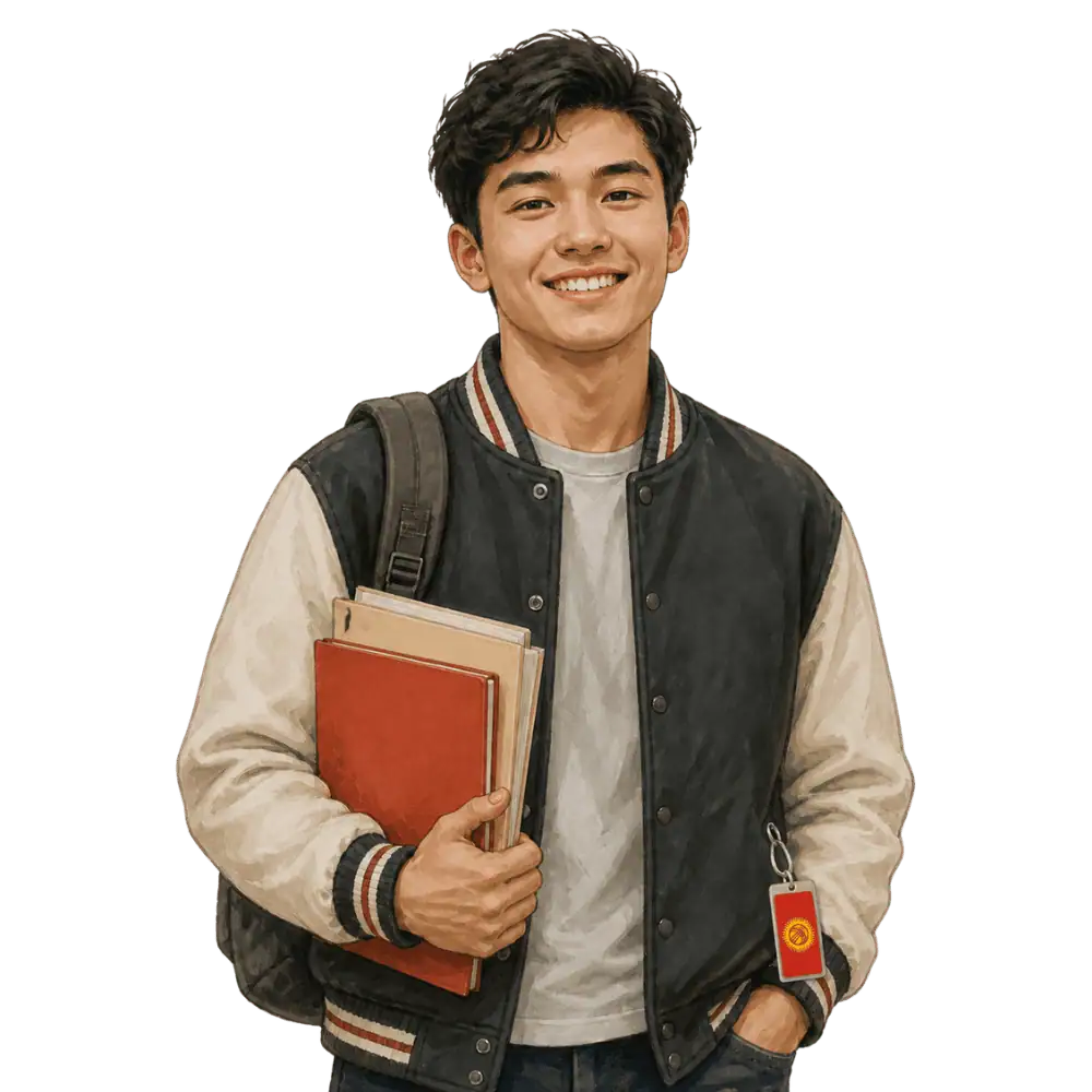 Student with books, a backpack and a Kyrgyz flag tag representing study permits for Kyrgyz students in Canada