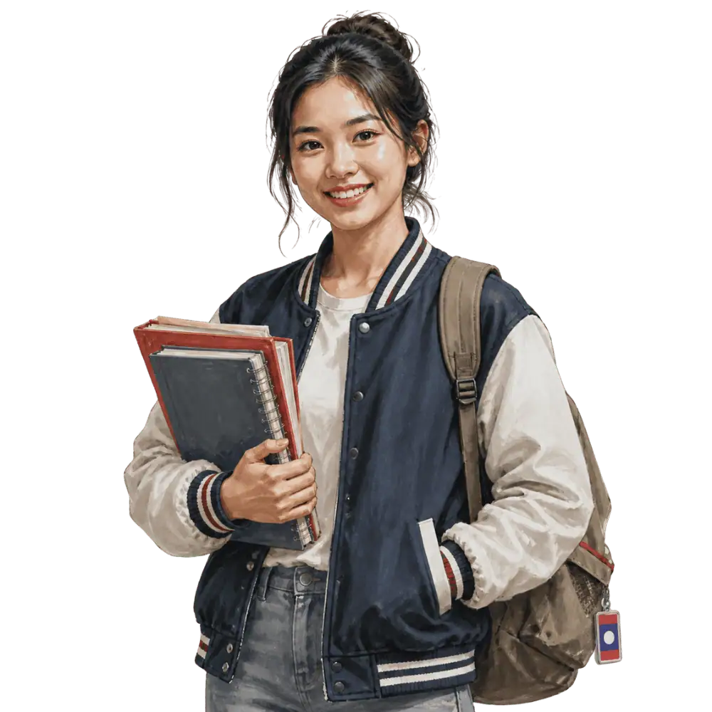 Student with books, a backpack and a Lao flag tag representing study permits for Lao students in Canada