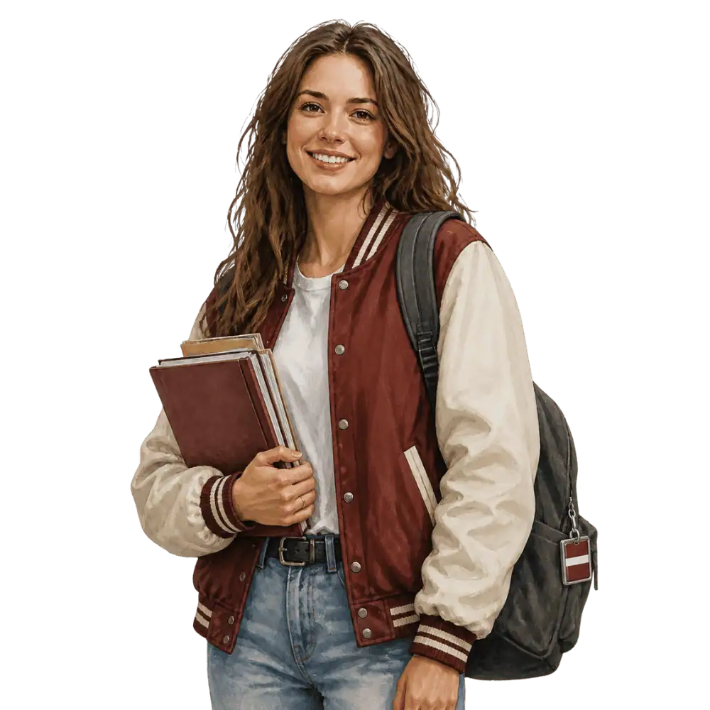 Student with books, a backpack and a Latvian flag tag representing study permits for Latvian students in Canada