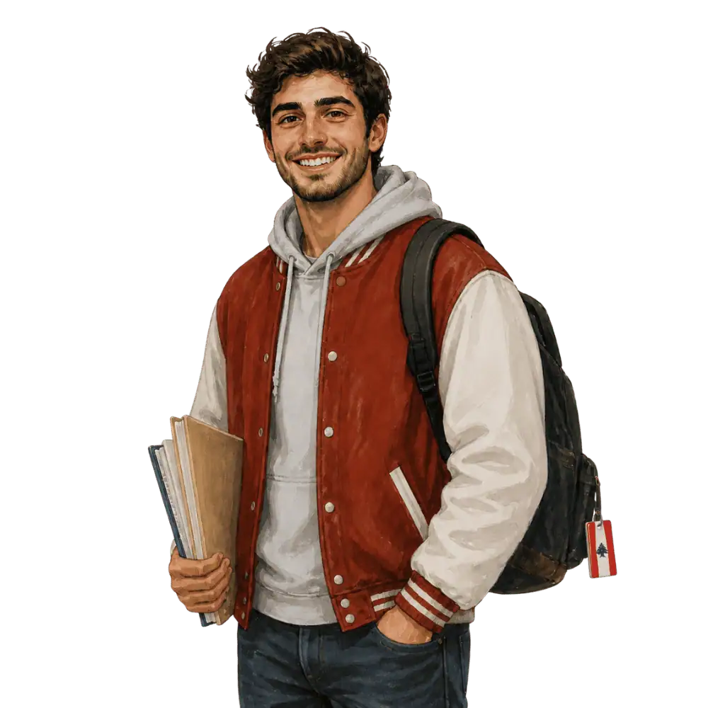 Student with books, a backpack and a Lebanese flag tag representing study permits for Lebanese students in Canada
