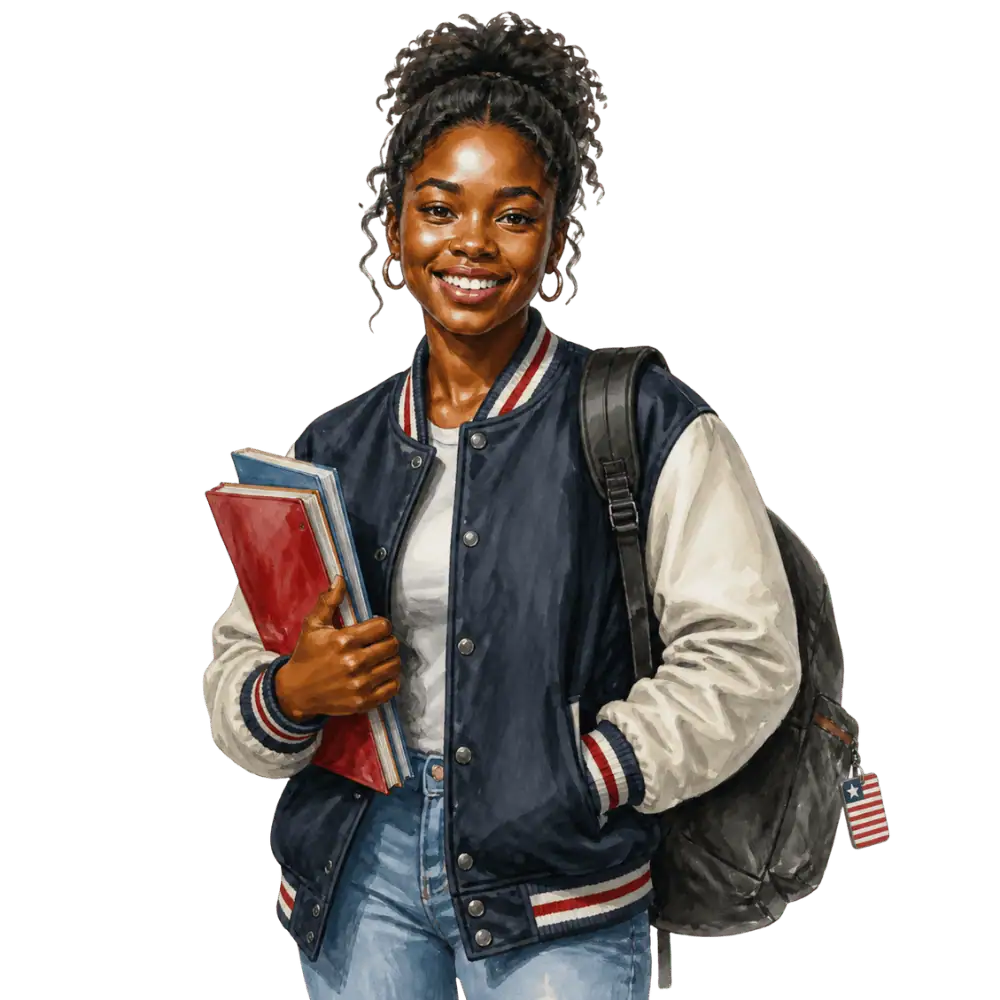 Student with books, a backpack and a Liberian flag tag representing study permits for Liberian students in Canada