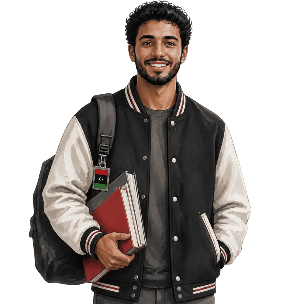 Student with books, a backpack and a Libyan flag tag representing study permits for Libyan students in Canada