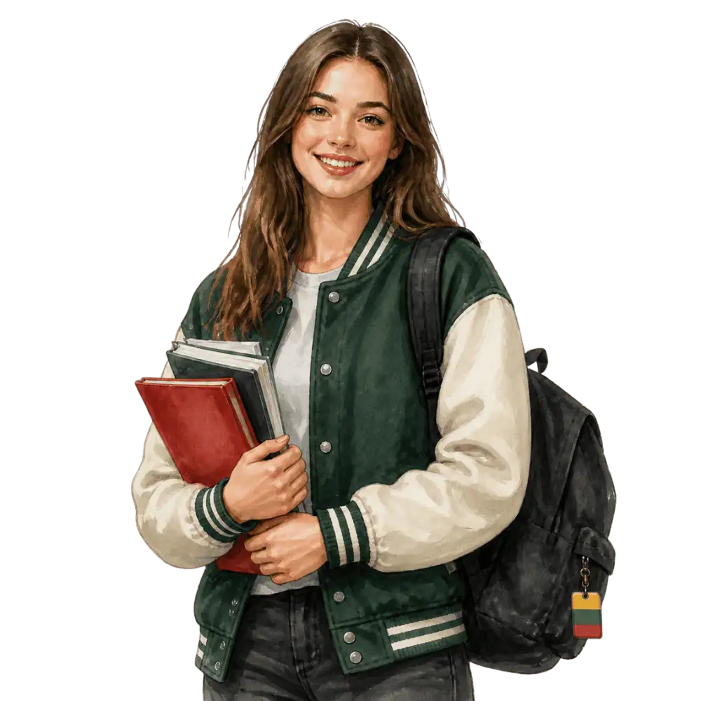 Student with books, a backpack and a Lithuanian flag tag representing study permits for Lithuanian students in Canada