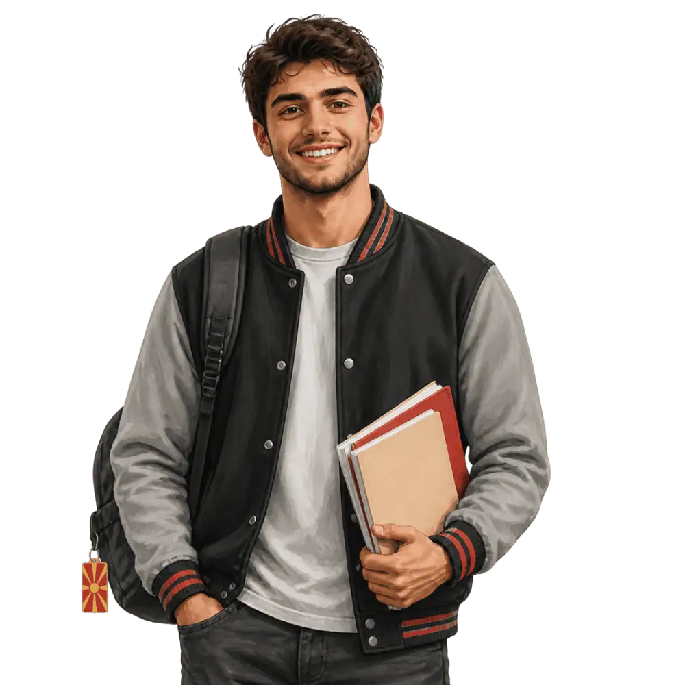 Student with books, a backpack and a Macedonian flag tag representing study permits for Macedonian students in Canada