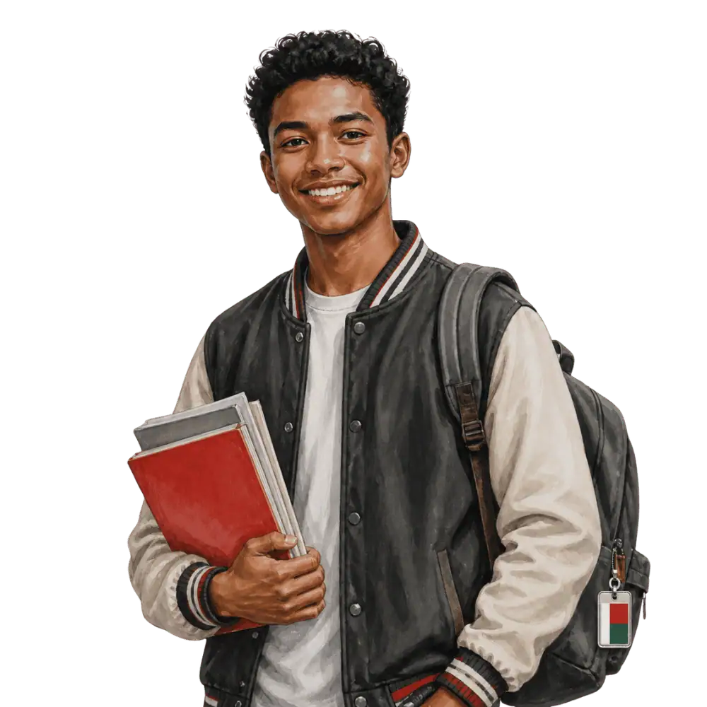 Student with books, a backpack and a Malagasy flag tag representing study permits for Malagasy students in Canada