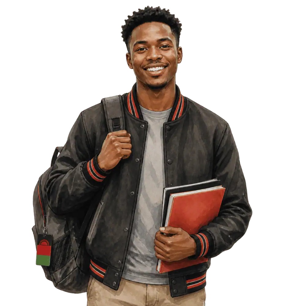 Student with books, a backpack and a Malawian flag tag representing study permits for Malawian students in Canada