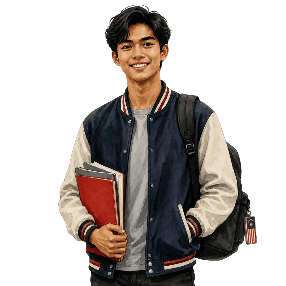 Student with books, a backpack and a Malaysian flag tag representing study permits for Malaysian students in Canada