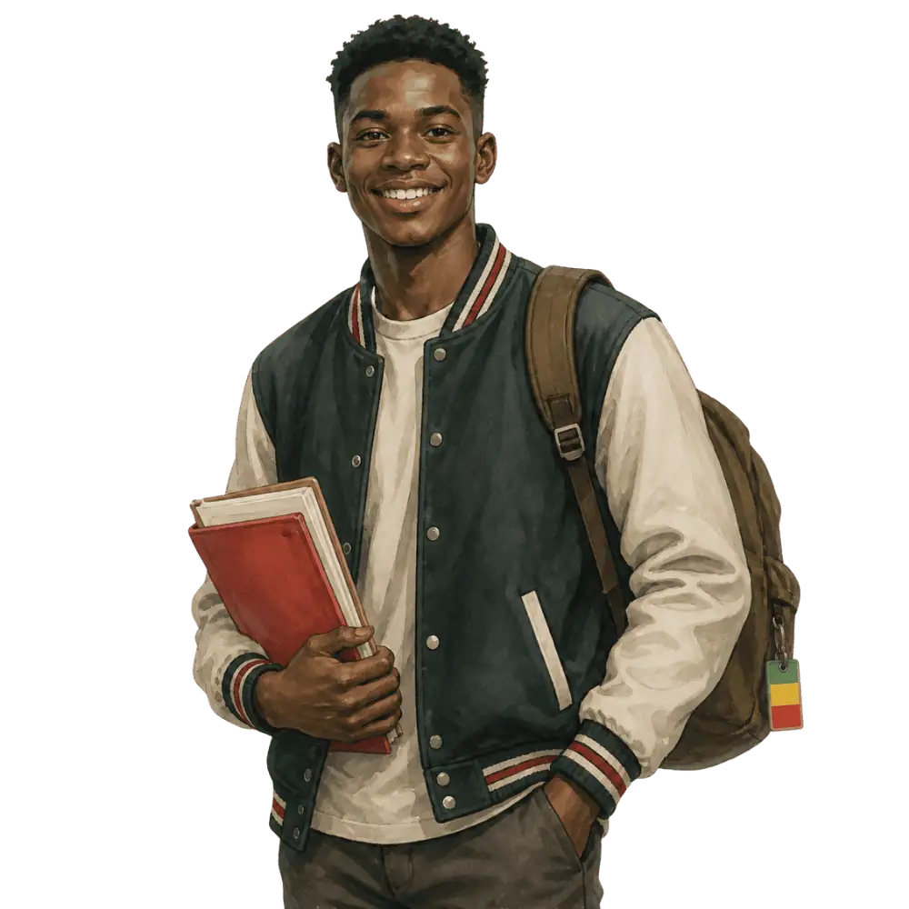 Student with books, a backpack and a Malian flag tag representing study permits for Malian students in Canada